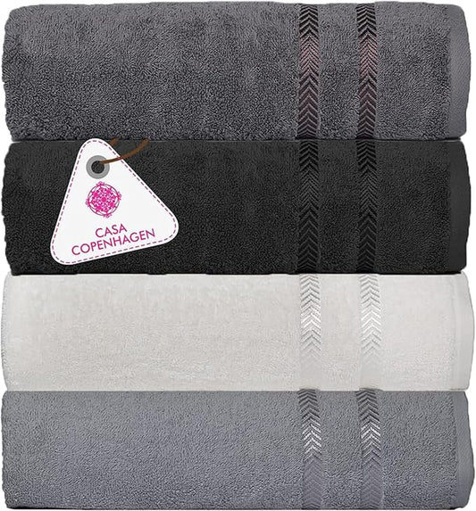 CASA COPENHAGEN Ember, 500 GSM, 27x55 Inches Large Bath Towels, Set of 4 Towels, Super Soft and Absorbent, Egyptian Cotton Towels for Bathroom & Shower - Light Grey +White +Black +Dark Grey