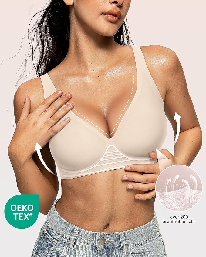 OEAK Womens Deep V Bras Wireless Comfortable Bra Supportive No Underwire Bras Tshirt Push Up Bralettes Plunge Seamless Bra