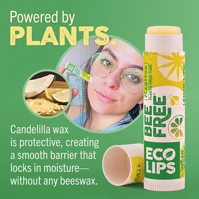 Vegan Lip Balm Sweet Mint by Eco Lips flavor 3 Pack Natural Bee Free with Candelilla Wax, Organic Cocoa Butter, & Coconut Oil Lip Care. 100% Plastic-Free Plant Pod Packaging - Made in USA