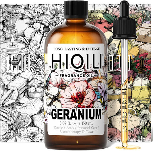 HIQILI Geranium Fragrance Oil for Home Diffuser, Relaxation, Essential Oil for Candle & Soap Making, Long-Lasting Scents, Car Freshies - 5.07 Fl Oz