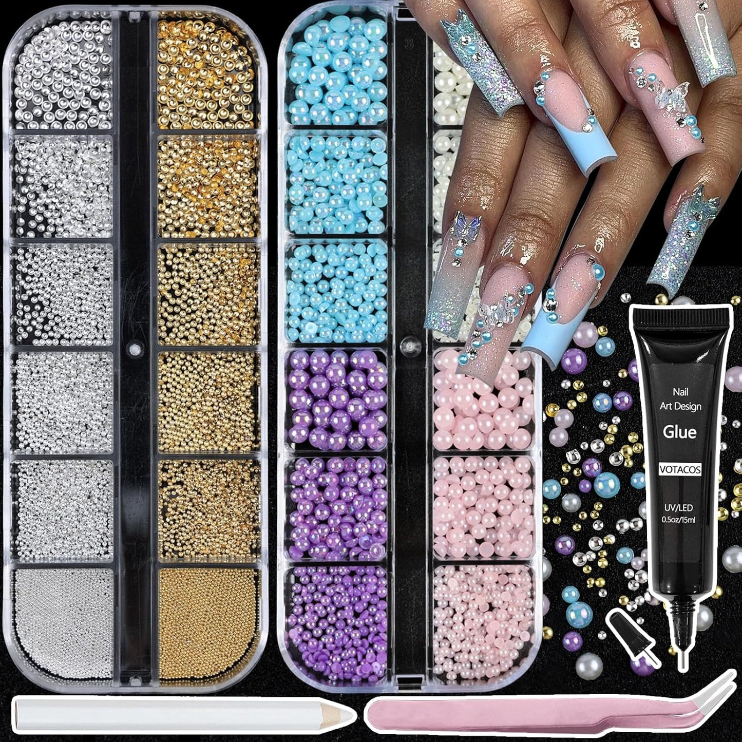 Nail Art Pearls with Glue Gel Flatback Pink Purple 4 Colors Nail Charms Pearls Mixed Size 0.03-0.18in Nails Gems Pearl Accessories for Women Nails Design Decoration