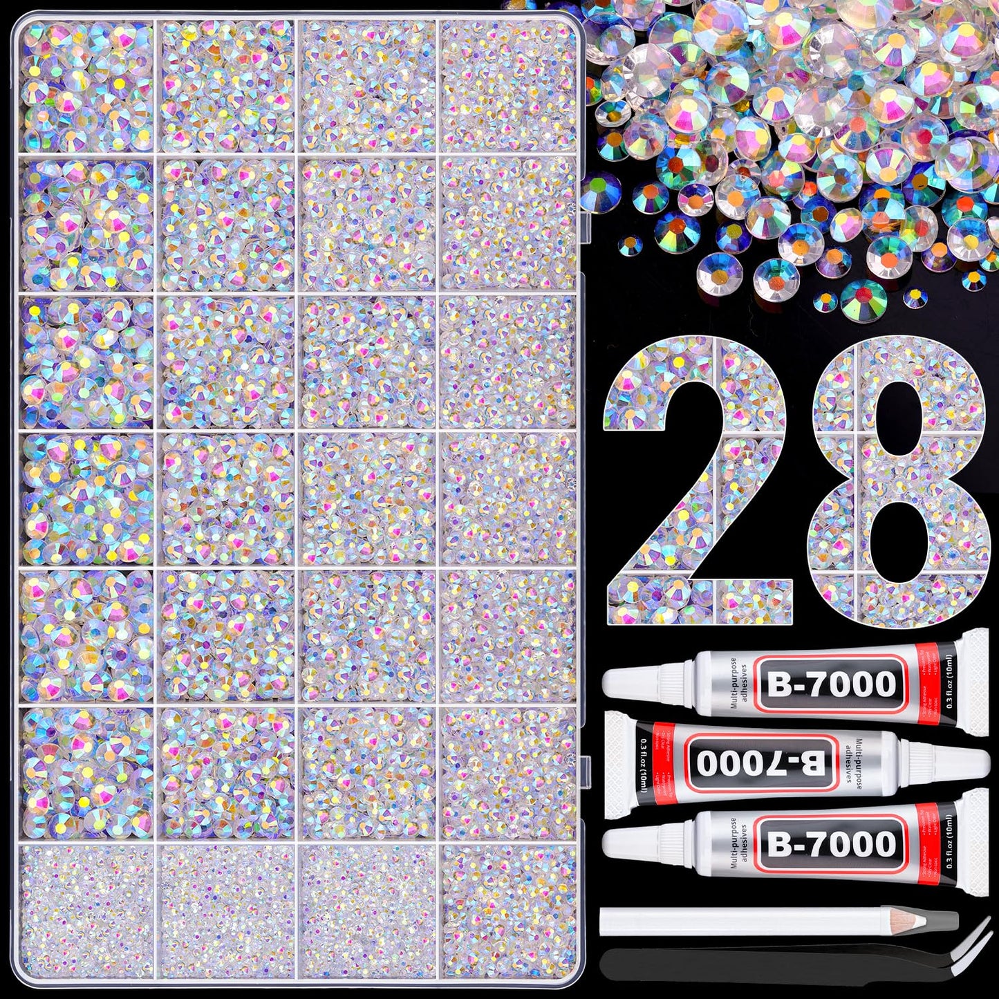 30000Pcs Resin Rhinestones for Bedazzling with 3Pcs B7000 Jewelry Glue, Transparent AB Flatback Gems Rhinestones for Crafting, Clothing Tumblers Mugs Shoes Fabric Decor Nail Art