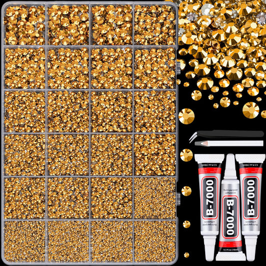 25000Pcs Resin Rhinestones with Tweezers for Crafting, Gold Flatback Gems, Bedazzling Crystal with 3Pcs 10ml B7000 Jewelry Glue for DIY Crafts Clothing Tumblers Shoes Fabric Nail Art