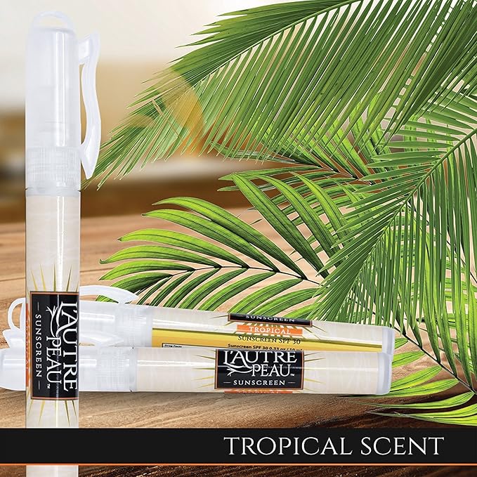 SPF 30 Sunscreen Spray Pen by L’AUTRE PEAU - Water Resistant Tropical Scent - Travel Size Sunscreen for Men, Women and Kids - Non Greasy Broad Spectrum UV Protection - Translucent Frost 3 Pack (10ml)