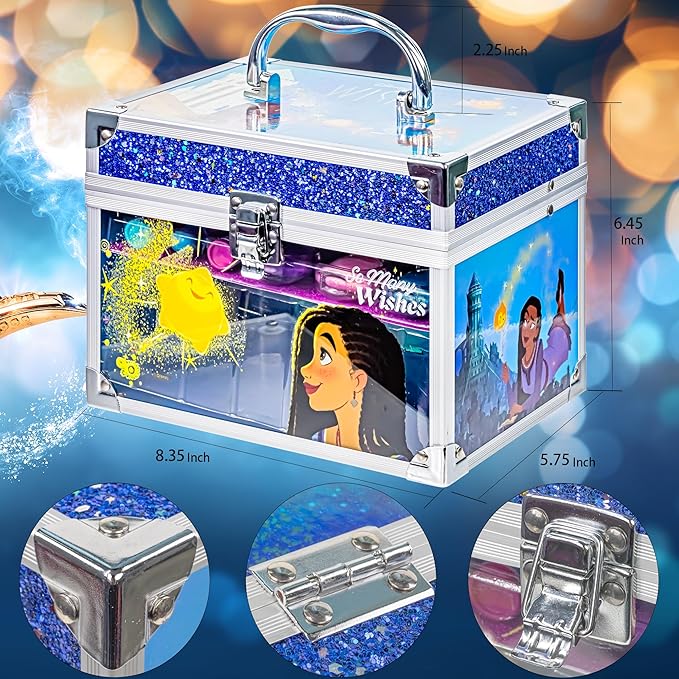 Disney Wish - Townley Girl Train Case Cosmetic Makeup Set Includes Lip Gloss, Eye Shimmer, Brush, Nail Polish, Accessories & more! for Girls, Ages 3+ perfect for Parties, Sleepovers & Makeovers