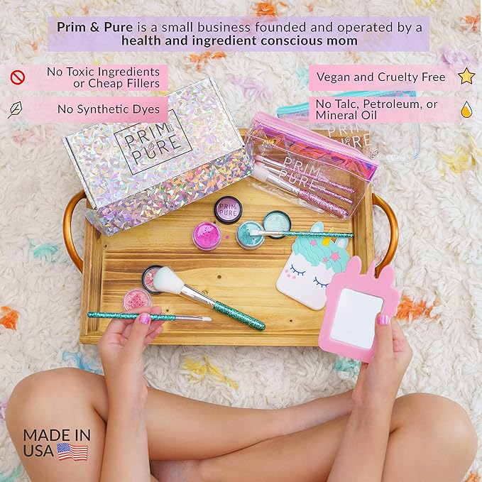 Prim and Pure Mineral Gift Set with Unicorn Mirror| Perfect for Play Dates & Birthday Parties | Kids Eyeshadow Makeup – Mineral Blush | Organic & Natural Makeup Kit for Kids| Made in USA (Purple)