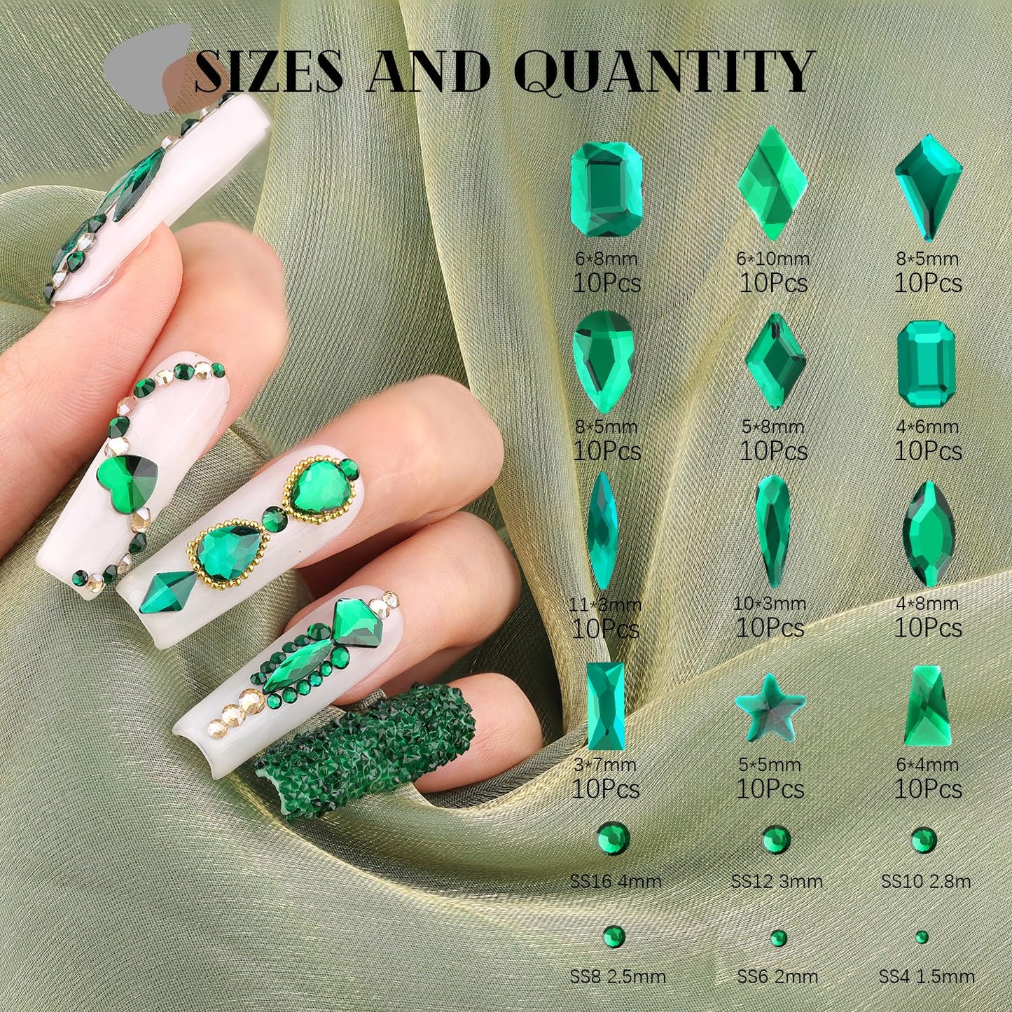 3220Pcs Emerald Green Glass Nail Rhinestones 120Pcs Multi Shapes Flatback Gems Crystal + 3100Pcs 1.5-4mm Round Beads, Manicure Diomand Jewelry Gemstone for Nail Design Makeup Acrylic Nails Decoration
