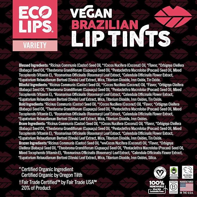 Eco Lips Vegan Cruelty-Free Brazilian Lip Tint Variety Pack - 100% Natural Lip Balm (Blessed, Blissful, Brave, Brazen, Bold) (5 Pack) | Made in USA