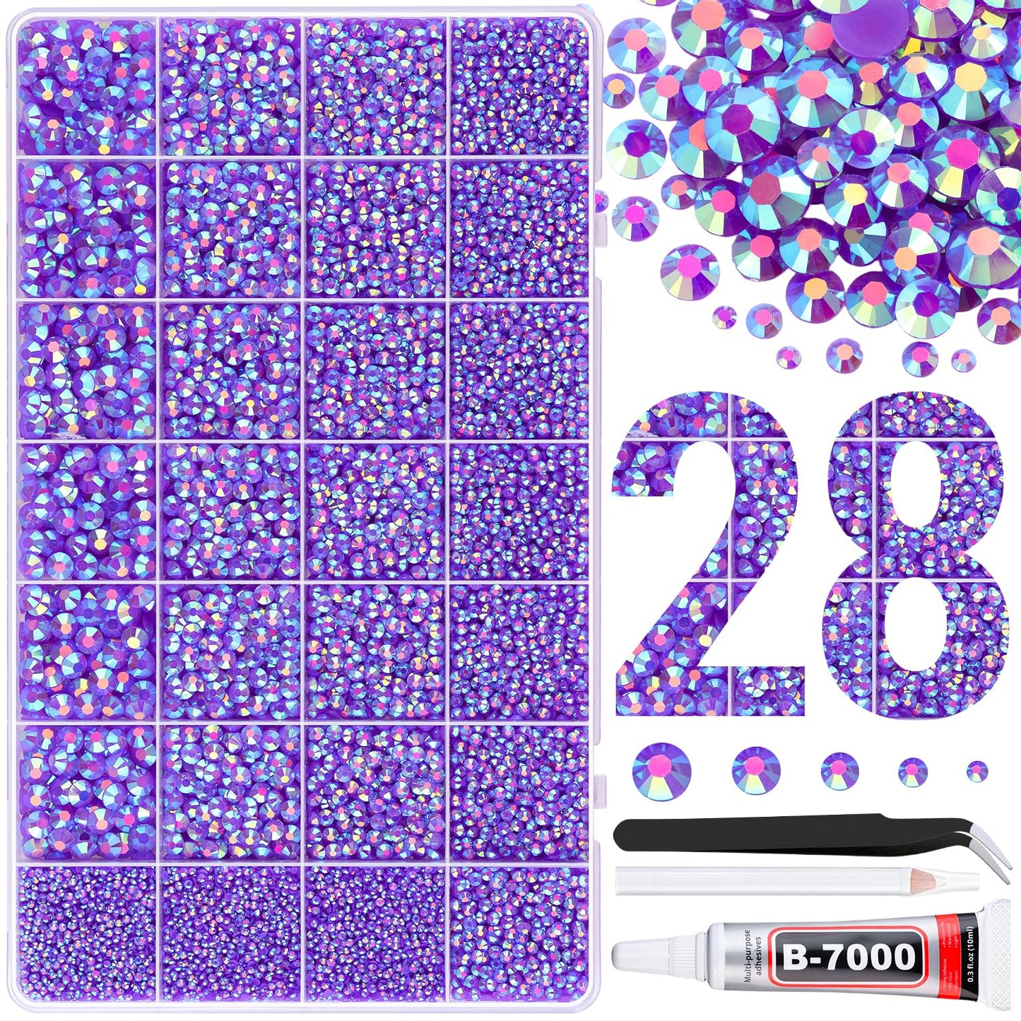 30000Pcs Resin Rhinestones for Bedazzling with Tweezers, Dark Purple AB Rhinestones for Crafting with B7000 Jewelry Glue for DIY Crafts Clothing Tumblers Shoes Fabric Nail Art