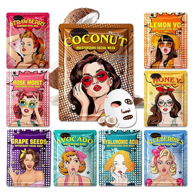 9 Pack Variety Facial Sheet Masks Skin Care Set, Hydrating Bulk Sheet Face Masks Skincare Gifts Set for Women Men, Long Lasting Moisturizing Face Mask Skincare for All Skin Type（03)