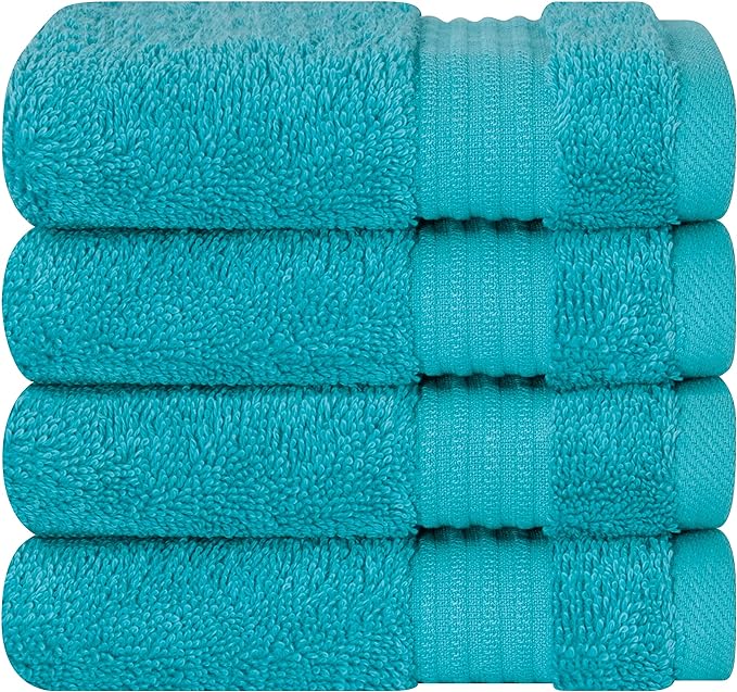 Cotton Paradise 100% Cotton Turkish Washcloth Set for Bathroom, 4 Piece Soft Absorbent Small Hand Face Towels Wash Rags, Aqua Blue