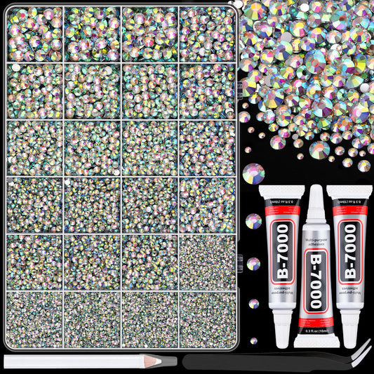 25000Pcs Resin Rhinestones with Tweezers for Crafting, AB 2-6mm Mixed Sizes Bedazzling Crystal with 3Pcs 10ml B7000 Jewelry Glue for DIY Crafts Clothing Tumblers Shoes Fabric Nail Art