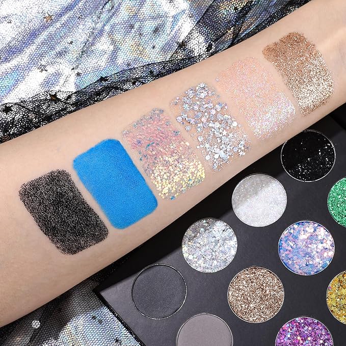 UCANBE Glitter Eyeshadow Makeup Palette - 12 Face Body Chunky & Fine Pressed Glitter + 4 Eye Shadow Powder Make Up Pallet for Theater Party Cosplay Halloween Christmas, Highly Pigmented Ultra Shimmer