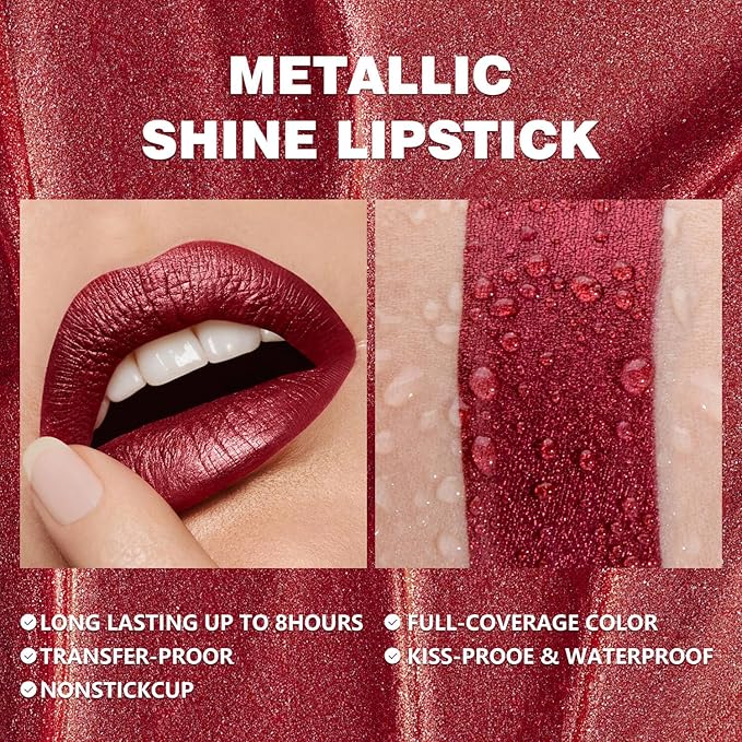 Metallic Liquid Lipstick Dark Red – High Pigment Long-Lasting Waterproof Lip Gloss, Smudge-Proof, Lightweight Red Metallic Lip Makeup for Parties & Everyday Wear (Be Brave)
