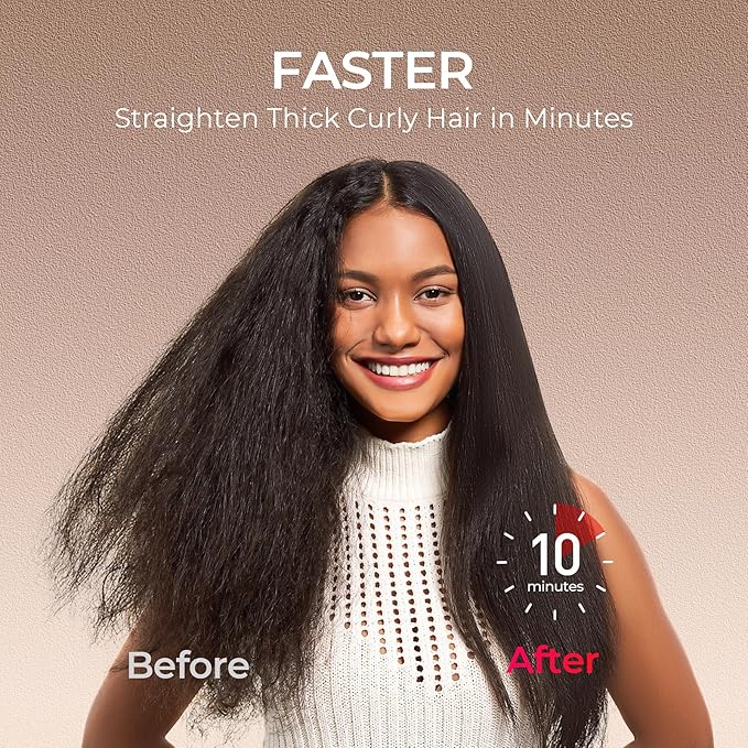 TYMO Hair Straightener Brush - Upgraded Ionic Plus Straightening Brush with Dense Bristles, 16 Temps, Dual Voltage | Ceramic Hot Comb for Women | Flat Iron for Thick Curly Hair, Gold