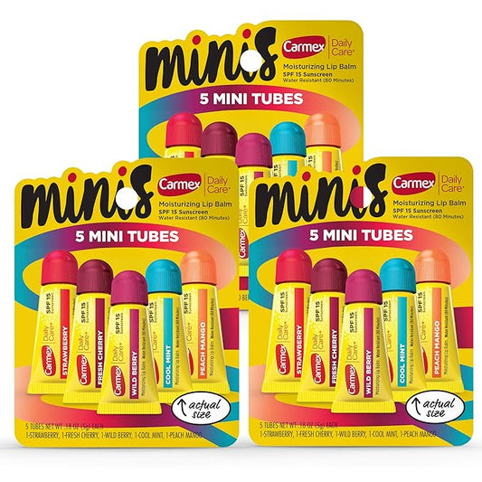 Carmex Daily Care Minis Moisturizing Lip Balm Tubes, SPF 15, Multi-Flavor Lip Balm Pack, 15 Count (3 Packs of 5)