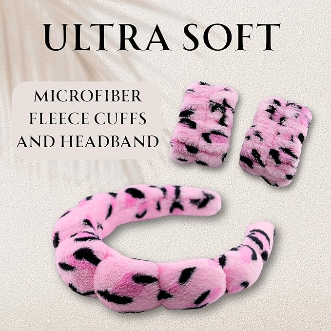 Spa Headband Wrist Band for washing face set Sponge Makeup Skincare Headband Wrist Towels Bubble Soft Terry Towel Cloth Hairband for Women Puffy Headwear Non Slip Thick Thin Hair Headwear (Leopard)