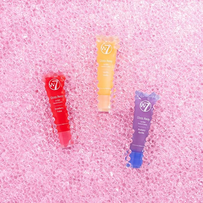 W7 Gloss Away Lip Balm Trio - 3 Piece Set - Nourishing Lips Balms With Shea Butter - Blueberry, Vanilla, Strawberry