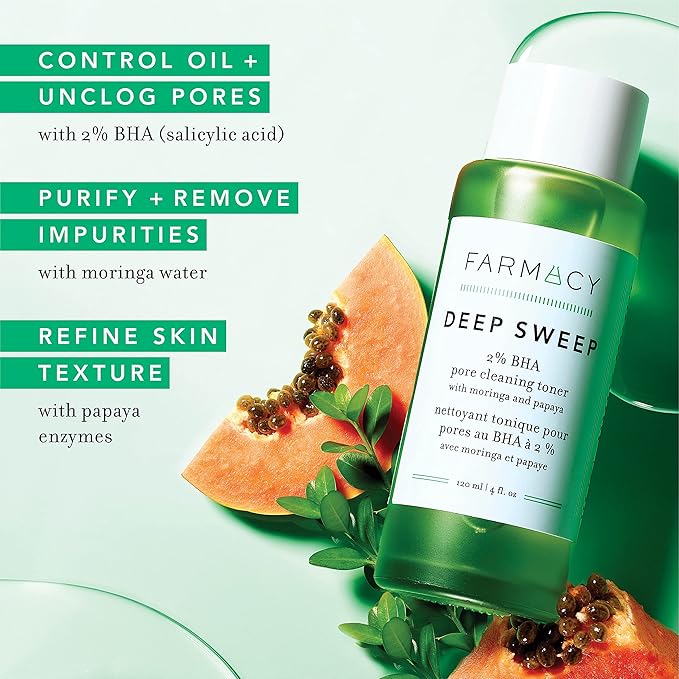 Farmacy 2% Salicylic Acid Toner for Face - Deep Sweep Gentle BHA Exfoliant for Oily Skin - Refines Texture with Papaya Enzymes & Moringa Water for a Healthy-Looking Complexion (100ml)