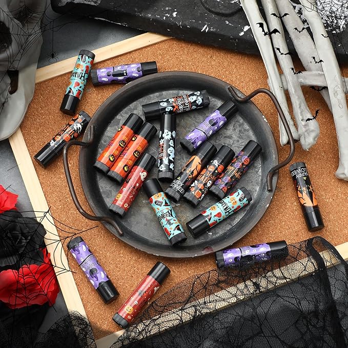 48 Pcs Halloween Spooky Lip Balm Gifts Bulk Black Lip Moisturizers Makeup Lipstick Ghost Spiderweb Skull Bat, Honey Flavor for Halloween Party Treat Bag Stuffers Women Men Adults