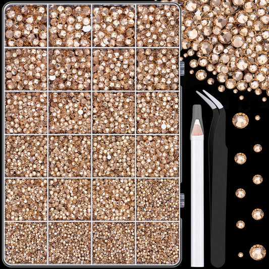 25000Pcs Resin Rhinestones with Tweezers for Crafting, Champagne 2-6mm Mixed Sizes Non Hotfix Flatback Gems, Bedazzling Crystal for DIY Craft Clothing Mugs Tumblers Shoes Fabric Decor Nail Art