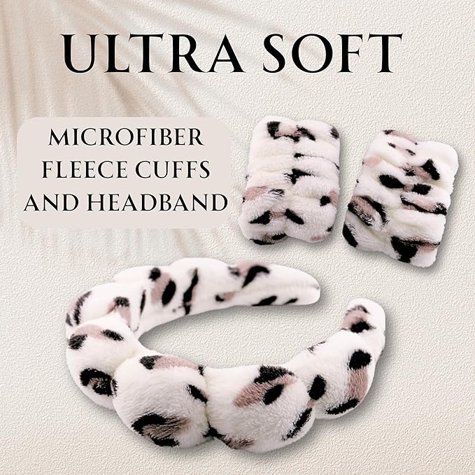 Spa Headband Wrist Band for washing face set Sponge Makeup Skincare Headband Wrist Towels Bubble Soft Terry Towel Cloth Hairband for Women Puffy Headwear Non Slip Thick Thin Hair Headwear (Leopard)