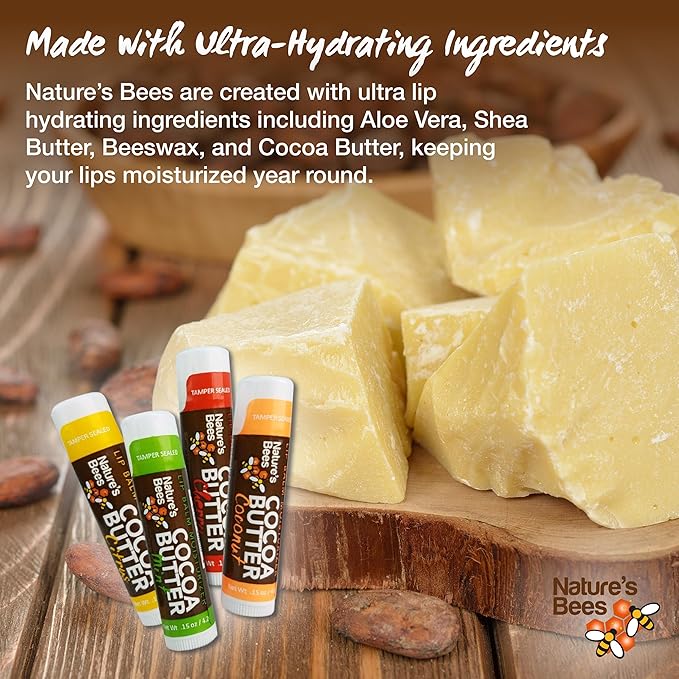Nature's Bees - Cocoa Butter Lip Balm Moisturizer - Tropical 24 Pack, 4 Flavors - Citrus, Coconut, Cherry, & Mint - Made w/Coconut Oil, Beeswax, Vitamin E, Aloe, Shea Butter - 0.15oz (4.2g)