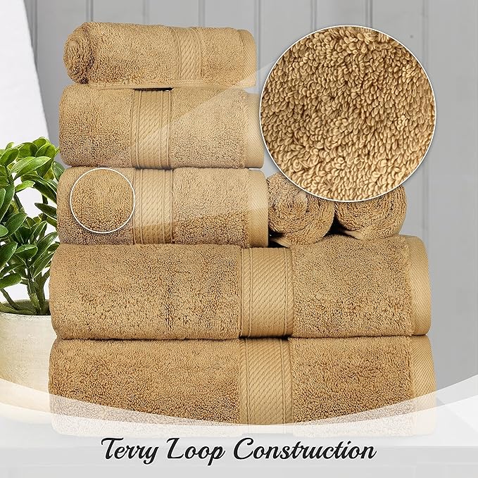 BNM Egyptian Cotton Heavyweight Towels, Ideal For Bathroom, Shower, Spa, Hotel, 800 GSM, Face/ Washcloths, Hand Towels, Bath Towels, Highly-Absorbent, Luxury Home Basics, 9 Piece Towel Set, Toast
