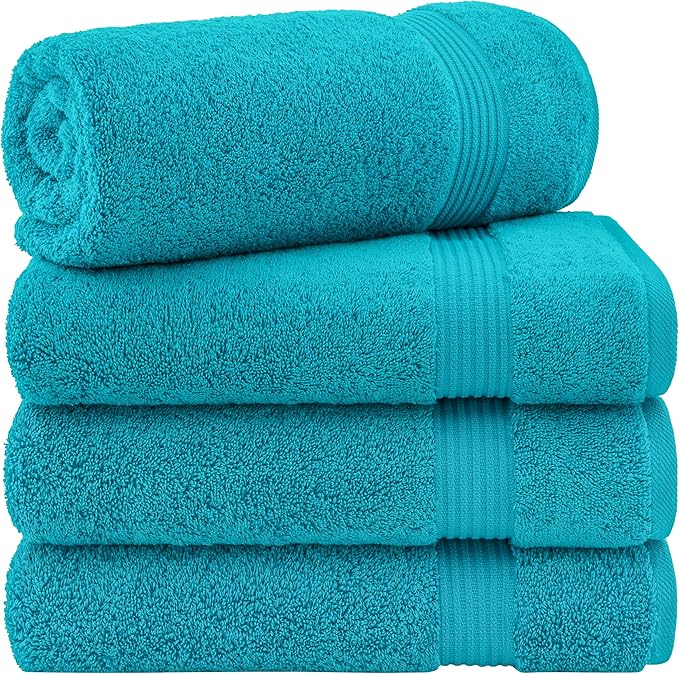 Cotton Paradise 4 Piece Turkish Bath Towels for Bathroom, 100% Cotton Extra Large Soft Plush Towels Bathroom Set, Aqua Blue